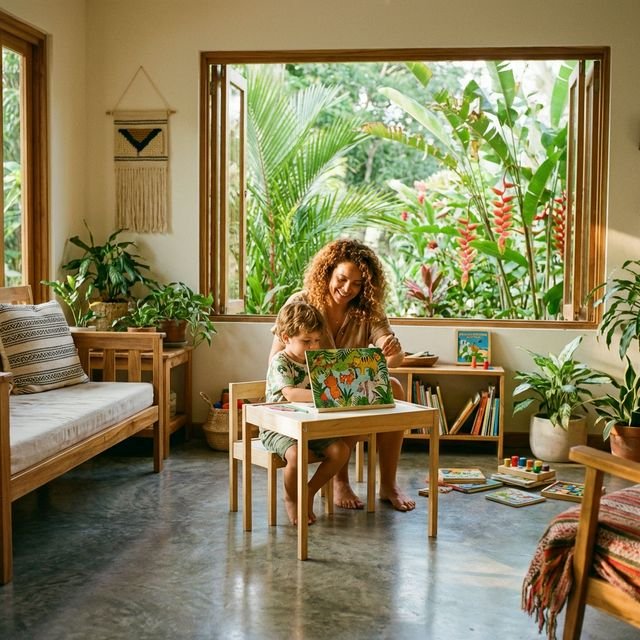 Madre e hijo haciendo homeschool en Panamá